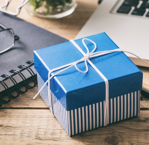 Blue gift on desk