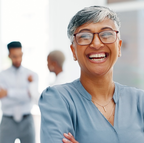 Woman smiles into camera