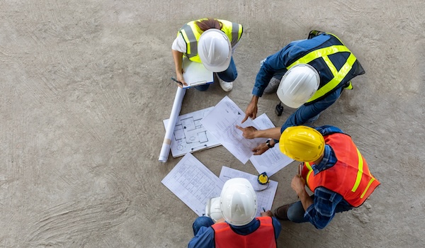 Four contractors reviewing blueprint plans
